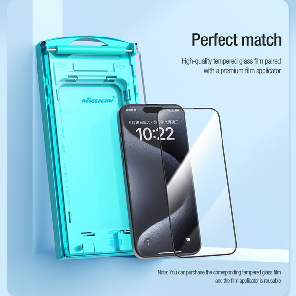 خرید گلس شیشه ای ایربگ دار با ابزار مخصوص نصب iPhone 15 Pro برند نیلکین مدل EZ SET