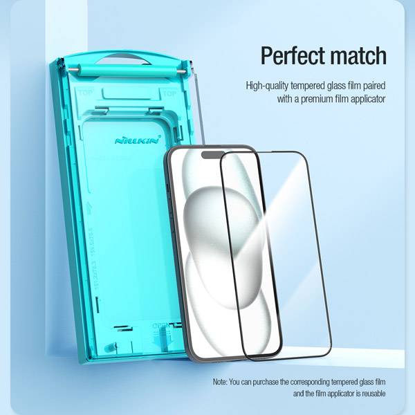 خرید گلس شیشه ای ایربگ دار با ابزار مخصوص نصب iPhone 15 برند نیلکین مدل EZ SET