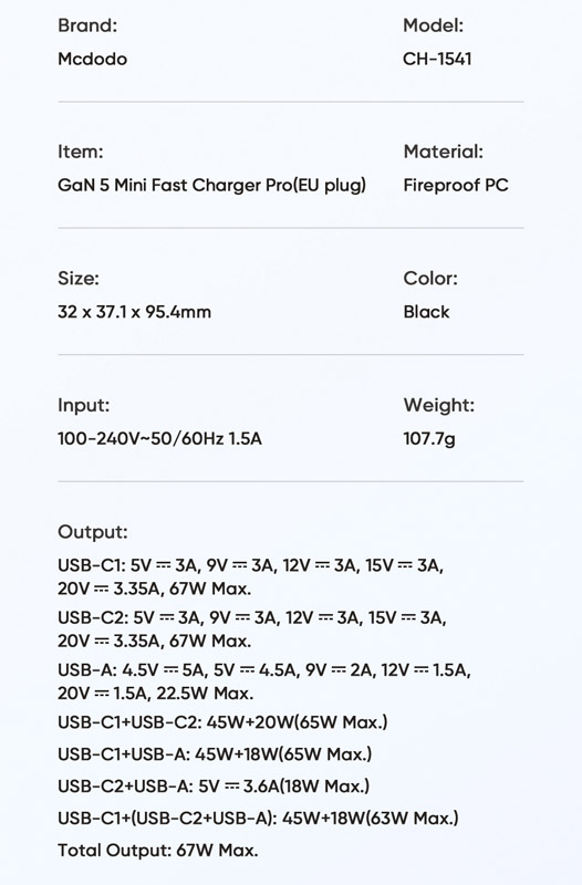 خرید شارژر دیواری 67W وات Gan 5 Pro با سه خروجی برند مک دودو مدل Mcdodo CH-1541