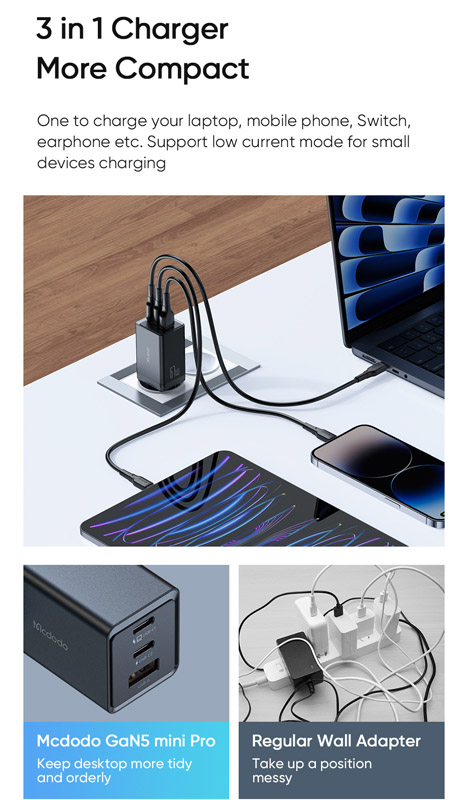 خرید شارژر دیواری 67W وات Gan 5 Pro با سه خروجی برند مک دودو مدل Mcdodo CH-1541