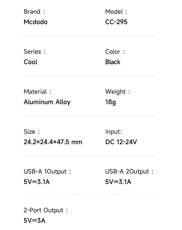 خرید شارژر فندکی 15.5 وات 2 پورت مک دودو مدل Mcdodo CC-295