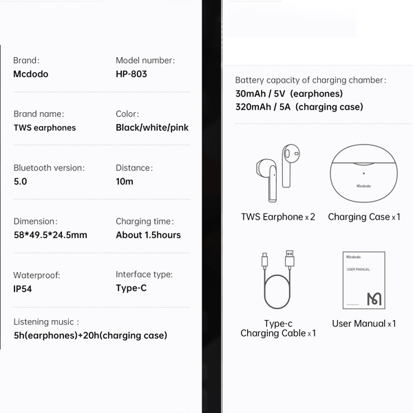 خرید هندزفری بلوتوثی با حذف نویز ENC و کابل شارژ مک دودو Mcdodo HP-803