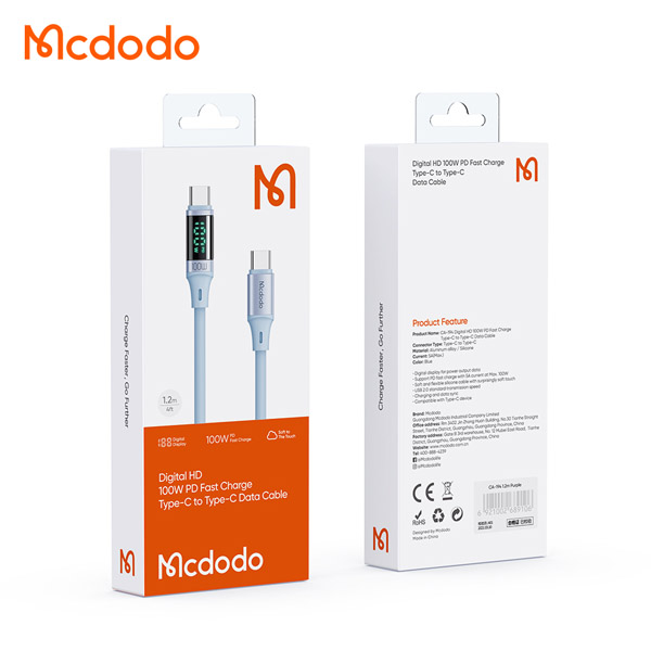 خرید کابل سیلیکونی 1.2 متری 100 وات Type-C به Type-C نمایشگر LED مک دودو Mcdodo CA-194