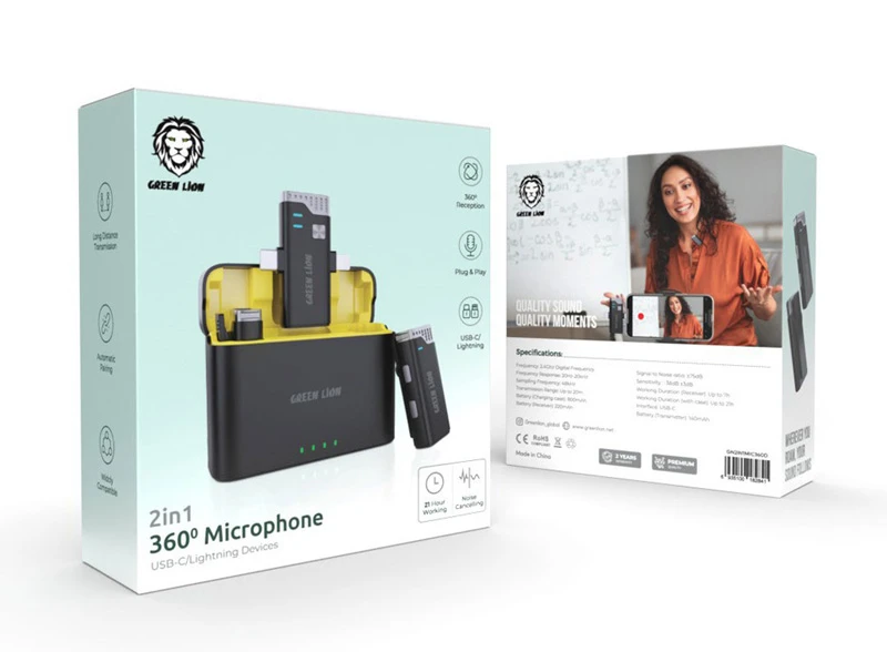خرید میکروفن بلاگری دو تایی 360 درجه گرین لاین - Green Lion 2 in 1 360 Microphone USB-C Lightning
