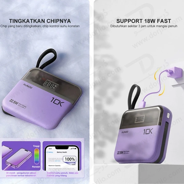 پاور بانک 10000 میلی آمپر 22.5W با دو کابل شارژ متصل مارک XUNDD مدل XDCH-058-1