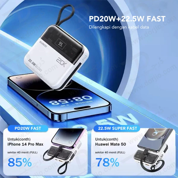 خرید پاور بانک 20000 میلی آمپر 22.5W با دو کابل شارژ متصل مارک XUNDD مدل XDCH-058-2