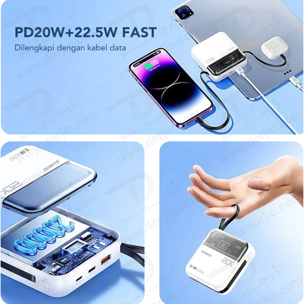 خرید پاور بانک 20000 میلی آمپر 22.5W با دو کابل شارژ متصل مارک XUNDD مدل XDCH-058-2