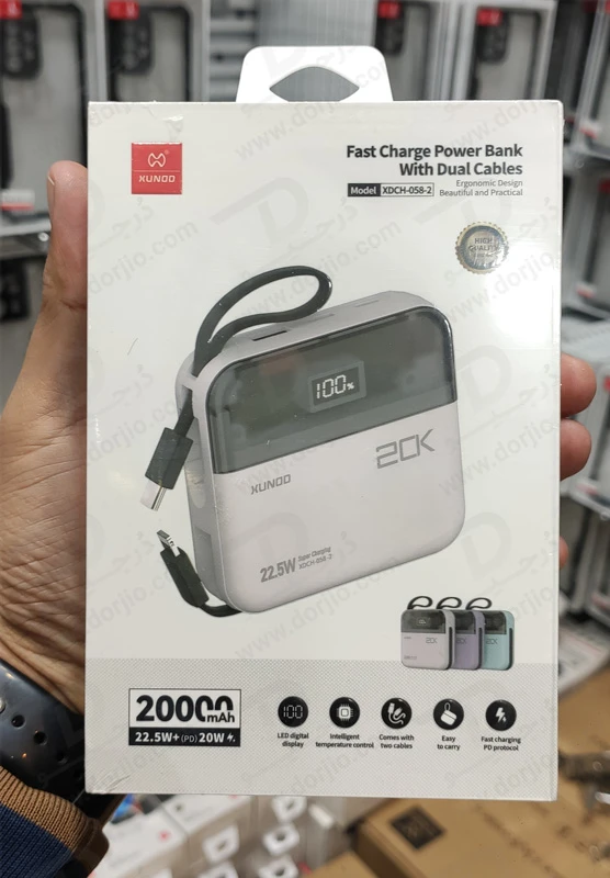خرید پاور بانک 20000 میلی آمپر 22.5W با دو کابل شارژ متصل مارک XUNDD مدل XDCH-058-2
