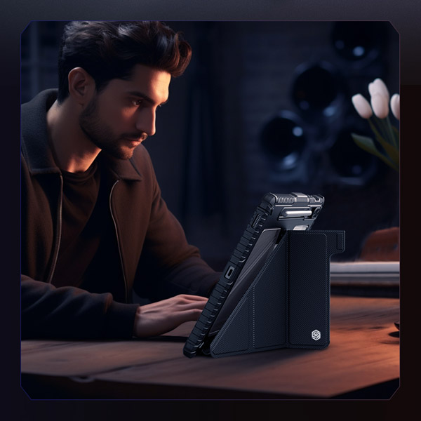 خرید کیف چرمی پشت شفاف ایربگ دار استند تاشو چند زاویه Samsung Galaxy Tab S9 FE Plus مارک نیلکین مدل Bumper Pro