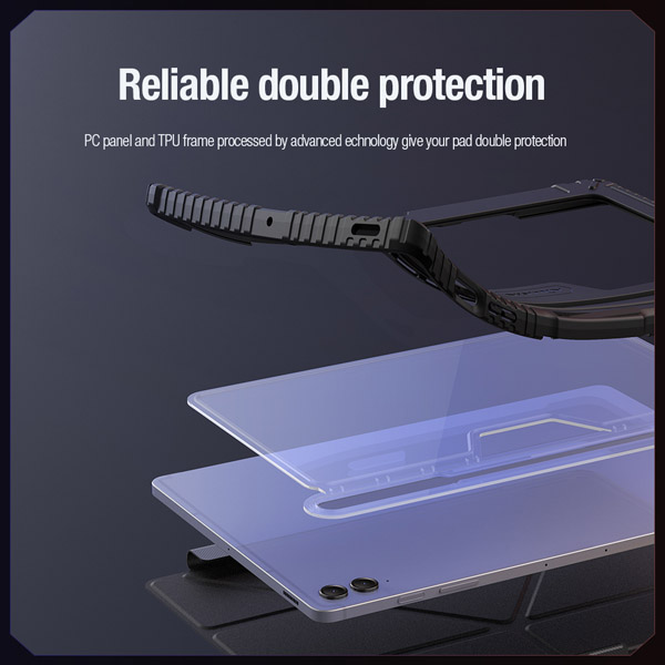 خرید کیف چرمی پشت شفاف ایربگ دار استند تاشو چند زاویه Samsung Galaxy Tab S9 FE Plus مارک نیلکین مدل Bumper Pro
