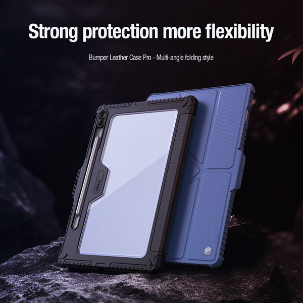 خرید کیف چرمی پشت شفاف ایربگ دار استند تاشو چند زاویه Samsung Galaxy Tab S9 FE Plus مارک نیلکین مدل Bumper Pro