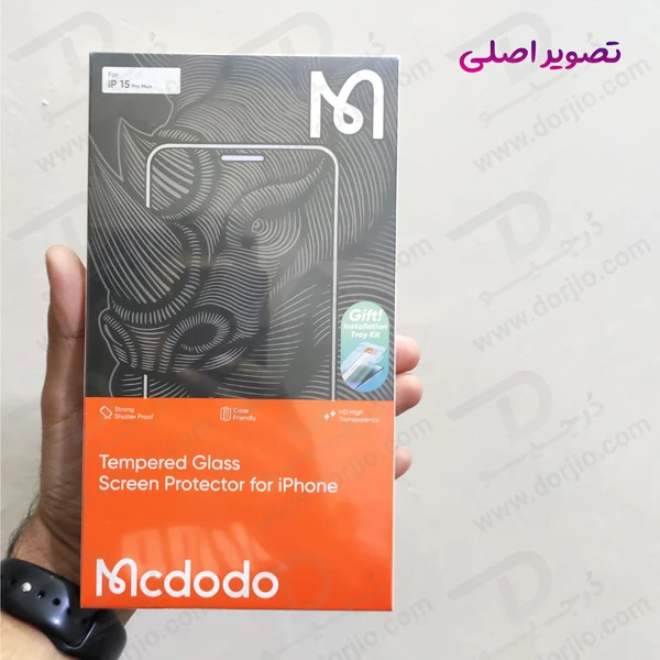 خرید گلس شیشه ای شفاف با ابزار مخصوص نصب iPhone 15 Plus مارک اصلی Mcdodo