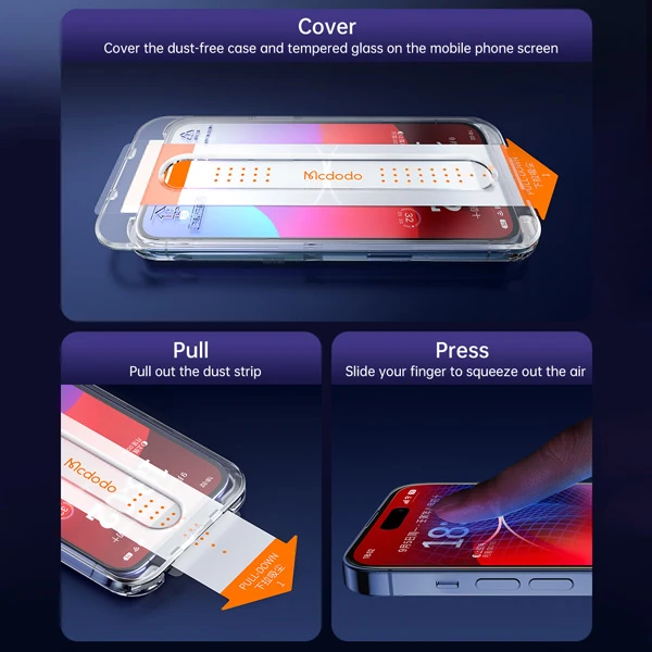 خرید گلس شیشه ای شفاف با ابزار مخصوص نصب iPhone 15 Plus مارک اصلی Mcdodo