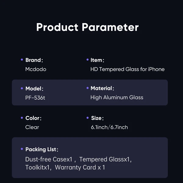 خرید گلس شیشه ای شفاف با ابزار مخصوص نصب iPhone 15 Pro Max مارک اصلی Mcdodo