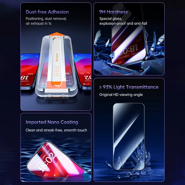 خرید گلس شیشه ای شفاف با ابزار مخصوص نصب iPhone 15 مارک اصلی Mcdodo