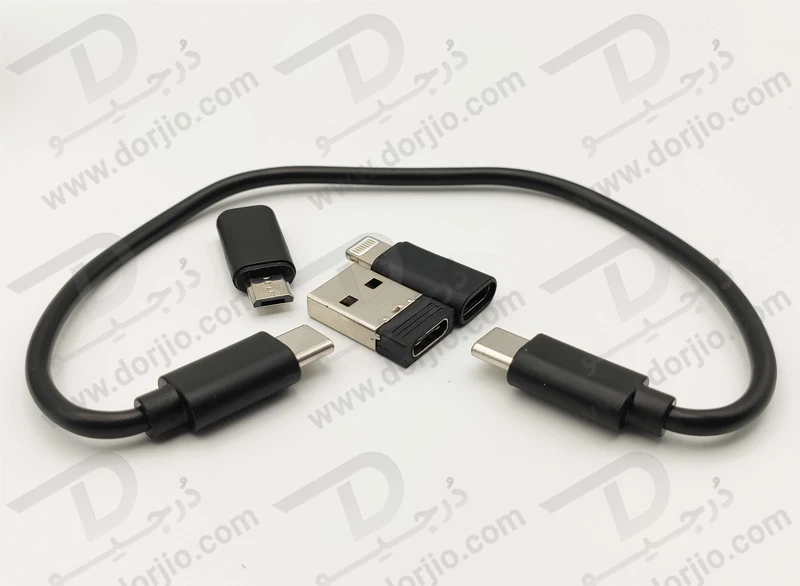خرید پک تبدیلی با کابل شارژ سریع 60 وات و سوزن سیم کارت و مبدل های Type-C و Lightning و USB