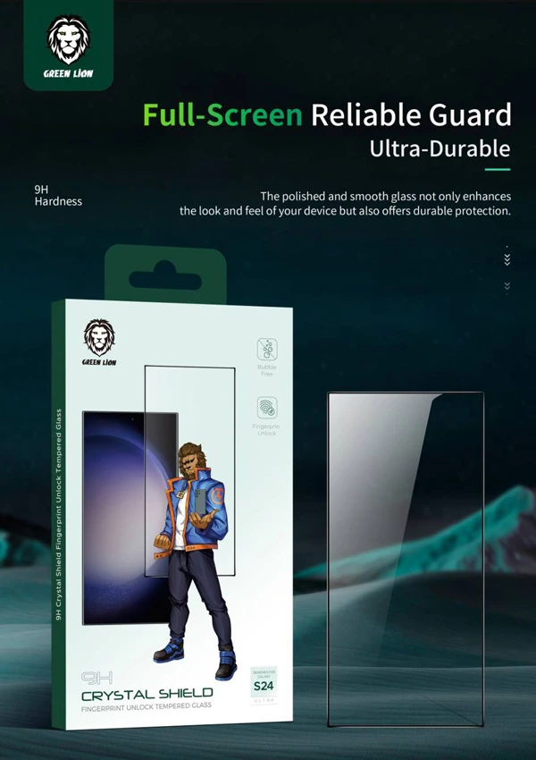 خرید گلس شیشه ای Crystal Shield شفاف Samsung Galaxy S24 Ultra مارک Green Lion