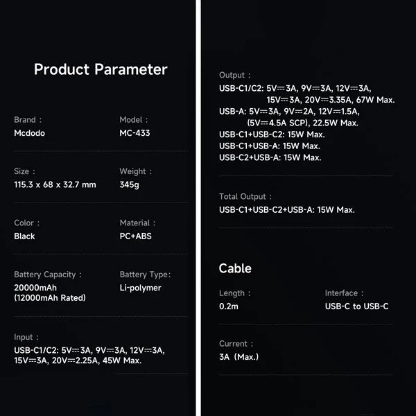 خرید پاور بانک 67W وات 20000 میلی آمپر با کابل شارژ 60 وات مک دودو مدل Mcdodo MC-433