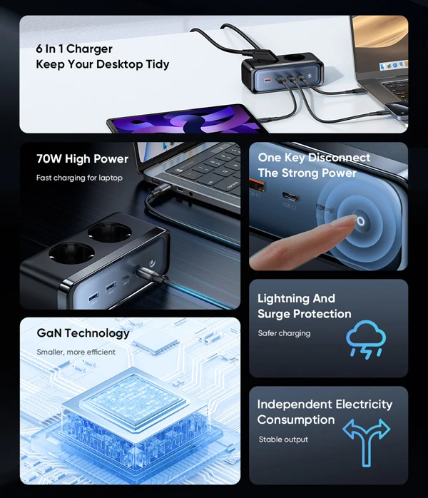 خرید چند راهی محافظ برق 2 پورت و آداپتور شارژ 70 وات Gan مک دودو مدل Mcdodo CH-4610
