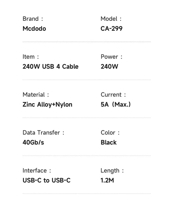 خرید کابل شارژ و دیتا 240 وات 1.2 متری USB 4.0 دو سر Type-C مک دودو مدل Mcdodo CA-2990