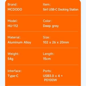 خرید هاب تبدیل 5 کاره تایپ سی 100 وات مارک Mcdodo HU-1120 با پشتیبانی از OTG موبایل