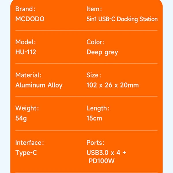 خرید هاب تبدیل 5 کاره تایپ سی 100 وات مارک Mcdodo HU-1120 با پشتیبانی از OTG موبایل
