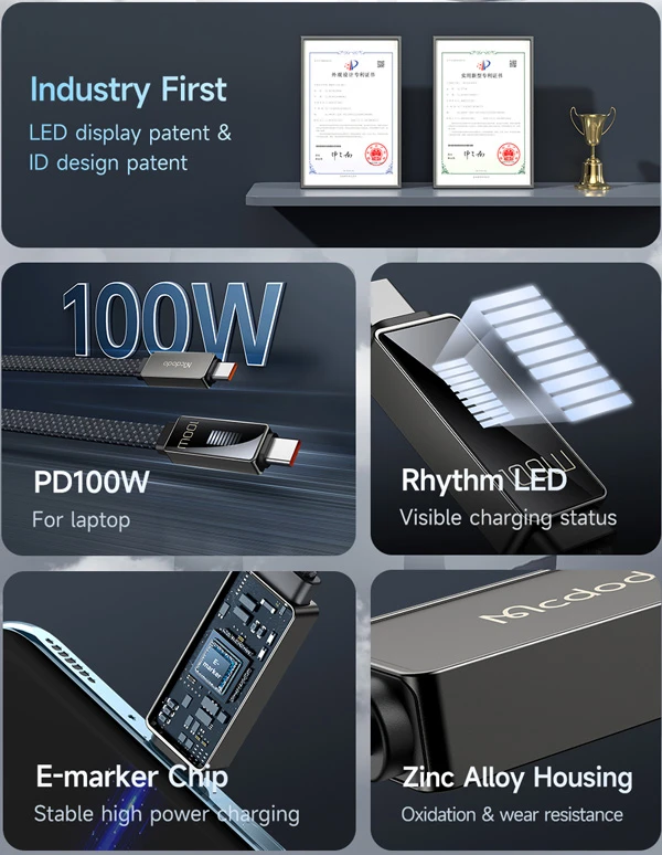 خرید کابل شارژ 100 وات Type-C به Type-C هوشمند دیجیتالی LED دار مک دودو Mcdodo CA-4470