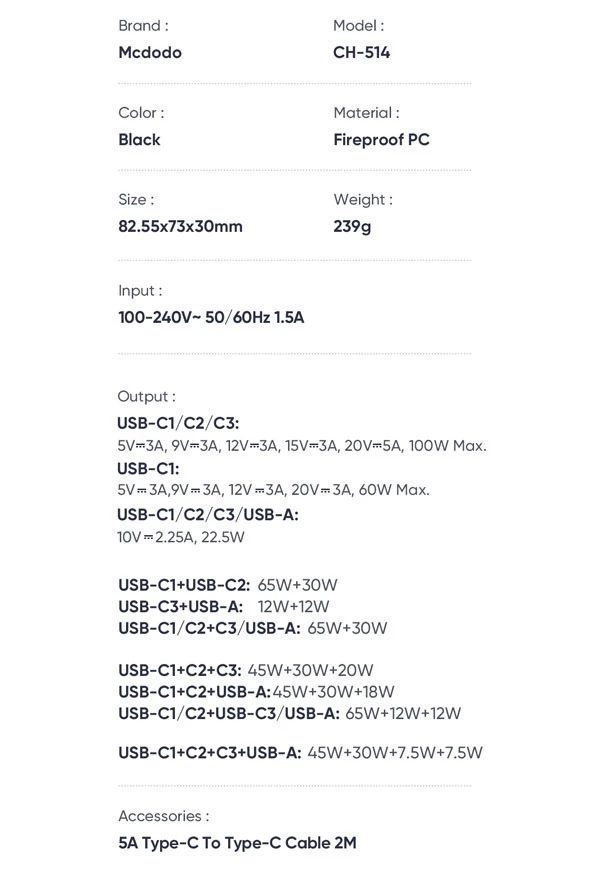 خرید شارژر دیواری 4 پورت 100W با کابل 2 متری Type-C مک دودو مدل Mcdodo CH-5141
