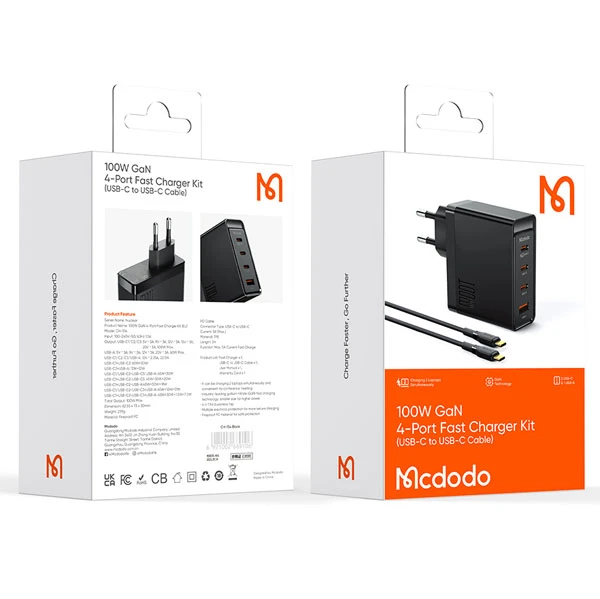 خرید شارژر دیواری 4 پورت 100W با کابل 2 متری Type-C مک دودو مدل Mcdodo CH-5141