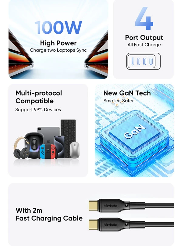 خرید شارژر دیواری 4 پورت 100W با کابل 2 متری Type-C مک دودو مدل Mcdodo CH-5141