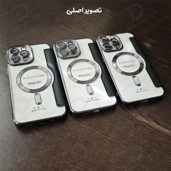 خرید کیف کلاسوری پشت شفاف مگ سیف محافظ لنز دار iPhone 15 Pro Max