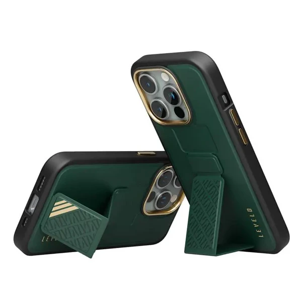 خرید گارد Grip استند چرمی متال کمرا iPhone 15 Pro مارک LEVELO