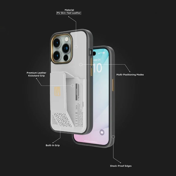 خرید گارد Grip استند چرمی و جا کارتی iPhone 15 Pro مارک LEVELO
