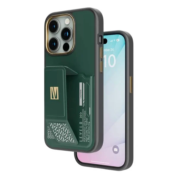 خرید گارد Grip استند چرمی و جا کارتی iPhone 15 Pro مارک LEVELO