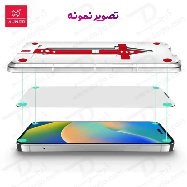خرید گلس شیشه ای تمام شفاف iPhone 16 Pro Max با ابزار مخصوص نصب مارک XUNDD سری AXE