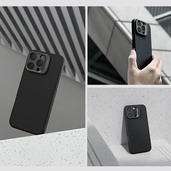 خرید گارد کربنی مگنتی کمرا استند iPhone 16 Pro مارک نیلکین مدل CarboProp Magnetic Fine Hole