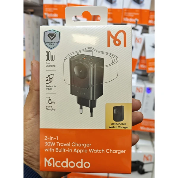 خرید شارژر دیواری 2 پورت 30 وات با شارژر وایرلس اپل واچ برند Mcdodo مدل CH-3700