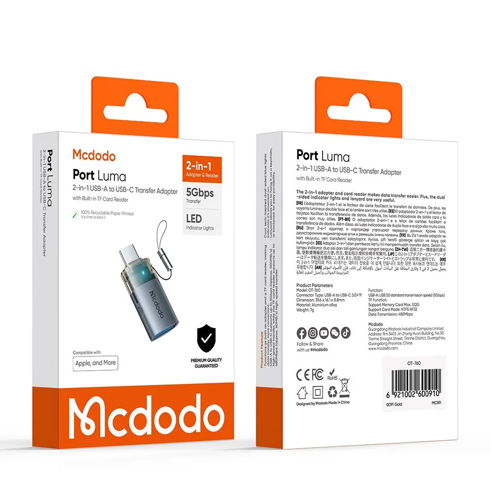 مبدل دوکاره مک‌دودو مدل Mcdodo OT-7600 سری USB-C و USB-A با درگاه کارت حافظه