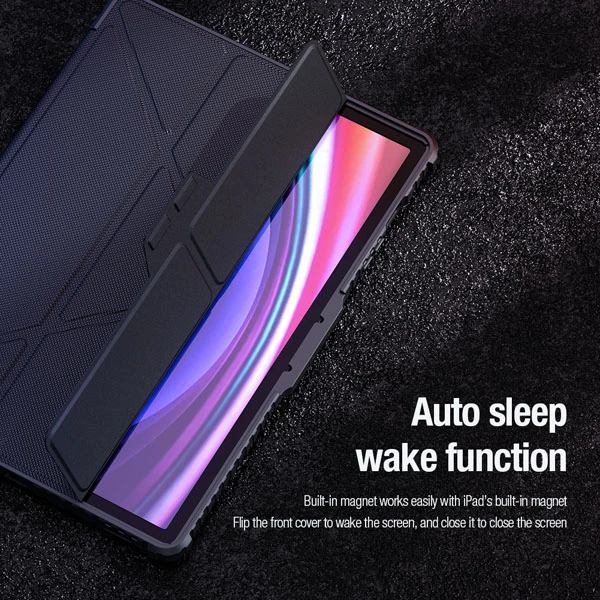 کیف چرمی پشت شفاف ایربگ دار استند تاشو چند زاویه Samsung Galaxy Tab S10 Ultra مارک نیلکین مدل Bumper Pro
