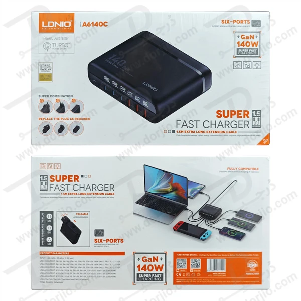 خرید شارژر رومیزی 6 پورت نمایشگر دار الدینیو مدل LDNIO A6140C با نهایت توان 140 وات