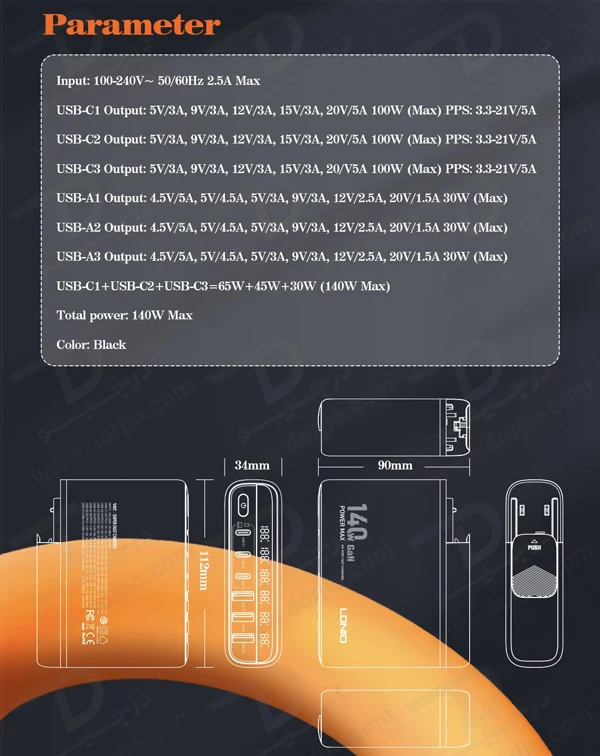 خرید شارژر رومیزی 6 پورت نمایشگر دار الدینیو مدل LDNIO A6140C با نهایت توان 140 وات