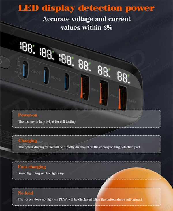 خرید شارژر رومیزی 6 پورت نمایشگر دار الدینیو مدل LDNIO A6140C با نهایت توان 140 وات