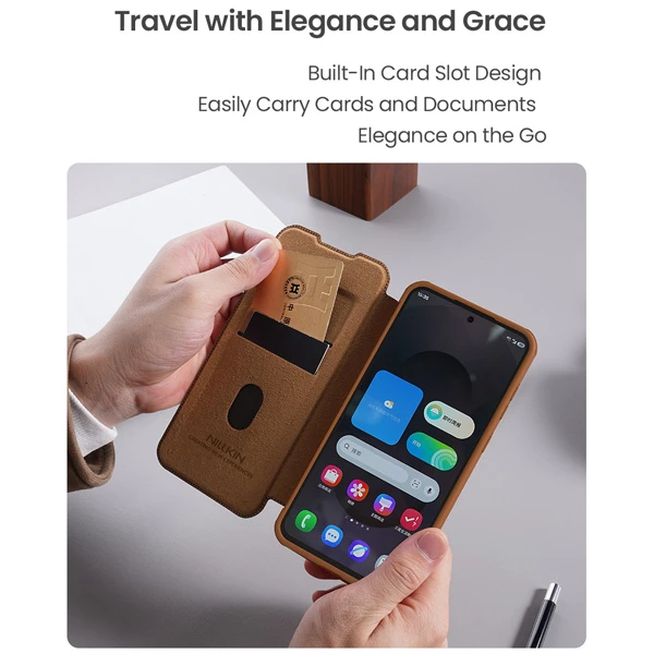 خرید کیف چرمی محافظ دوربین دار Samsung Galaxy S25 Edge مارک نیلکین مدل Qin Pro