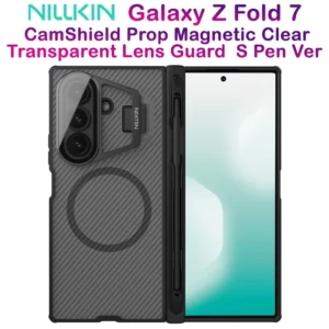 گارد مگنتی نیمه شفاف کمرا استند شیشه ای Samsung Galaxy Z Fold 7 مارک نیلکین مدل Camshield Prop Clear با درگاه قلم