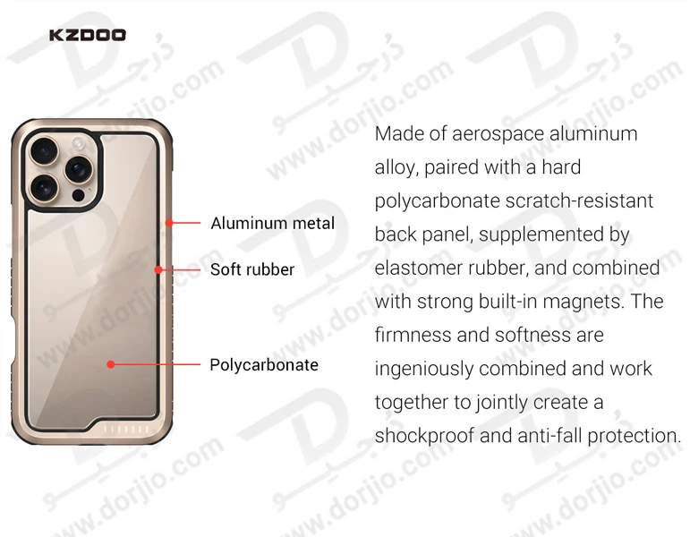 خرید قاب شفاف فریم فلزی iPhone 16 Pro مدل Ares Sport مارک KZDOO