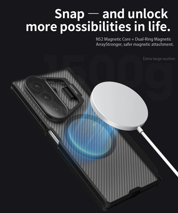 خرید گارد مگنتی نیمه شفاف کمرا استند شیشه ای Samsung Galaxy Z Fold 7 مارک نیلکین مدل Camshield Prop Clear با درگاه قلم