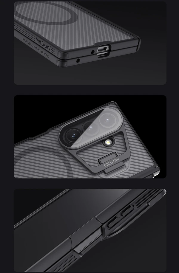 خرید گارد مگنتی نیمه شفاف کمرا استند شیشه ای Samsung Galaxy Z Fold 7 مارک نیلکین مدل Camshield Prop Clear با درگاه قلم