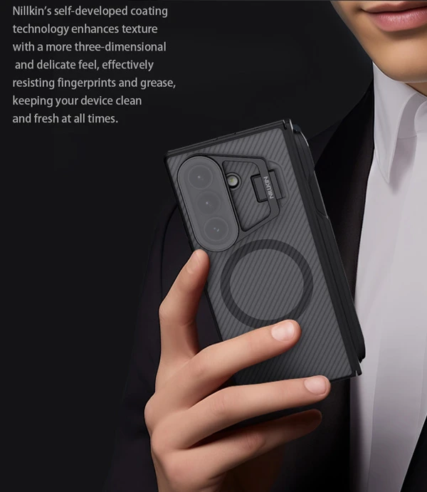 خرید گارد مگنتی نیمه شفاف کمرا استند شیشه ای Samsung Galaxy Z Fold 7 مارک نیلکین مدل Camshield Prop Clear با درگاه قلم