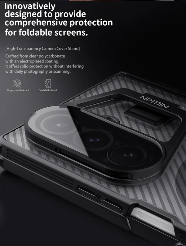 خرید گارد مگنتی نیمه شفاف کمرا استند شیشه ای Samsung Galaxy Z Fold 7 مارک نیلکین مدل Camshield Prop Clear با درگاه قلم