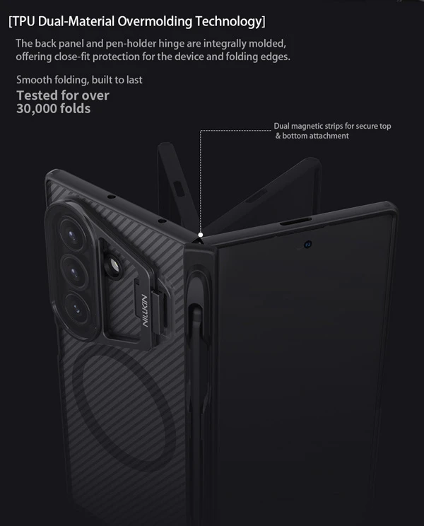 خرید گارد مگنتی نیمه شفاف کمرا استند شیشه ای Samsung Galaxy Z Fold 7 مارک نیلکین مدل Camshield Prop Clear با درگاه قلم